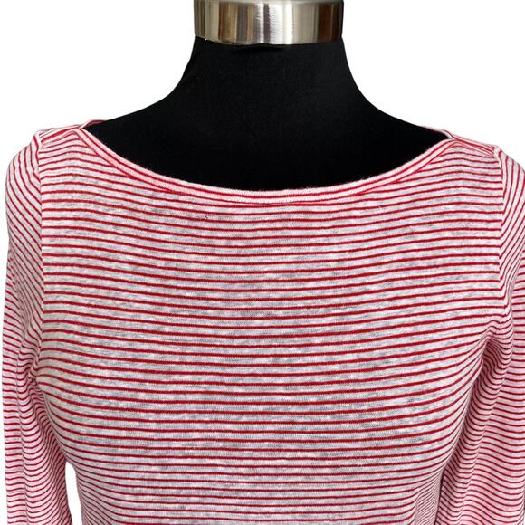 Lauren Ralph Lauren Red White Striped Bell Sleeve Tee SMALL Linen Coastal Beachy - Picture 2 of 8